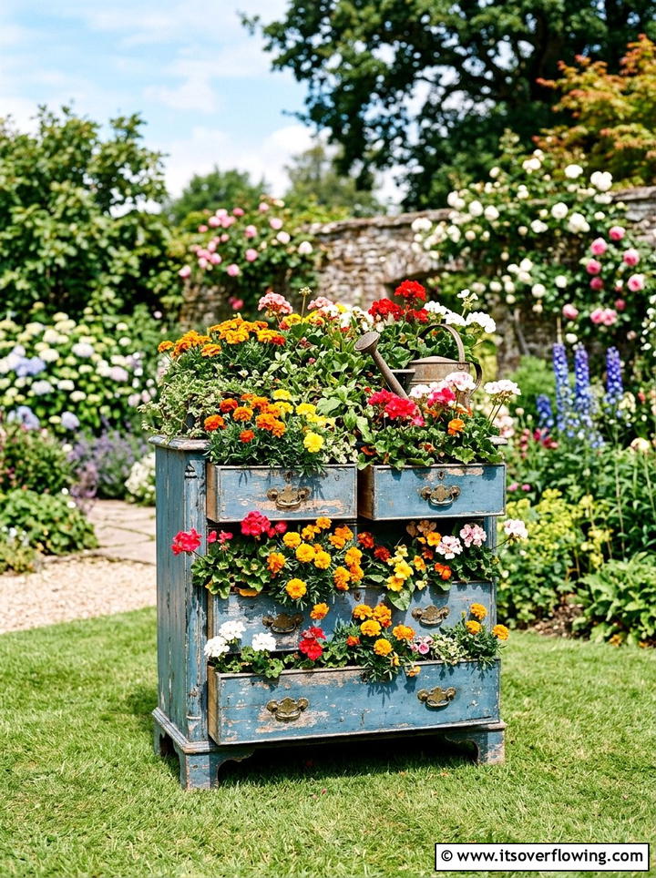 Vintage Dresser Flower Bed - 25 upcycled garden ideas with old drawers