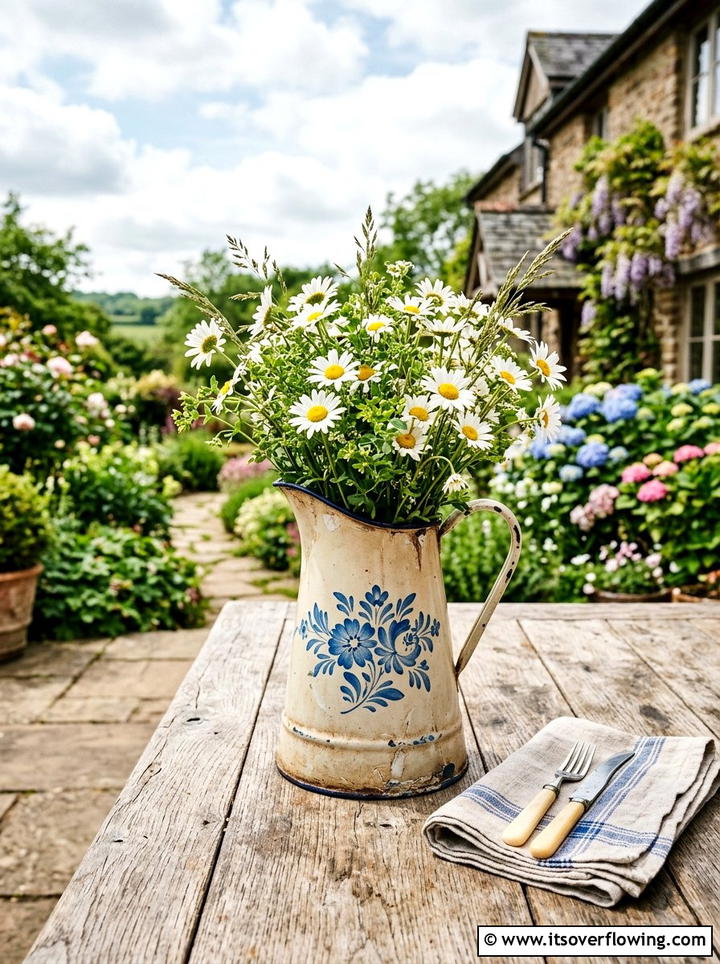 Vintage Enamelware Pitcher - 25 reusing old things ideas for farmhouse garden look