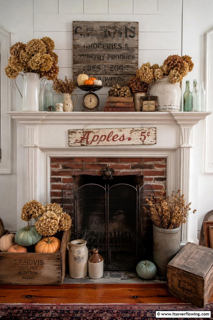 Vintage Farmhouse Mantel with Antiques - 50 Fall Mantel Decor Ideas for Cozy Spaces This Season