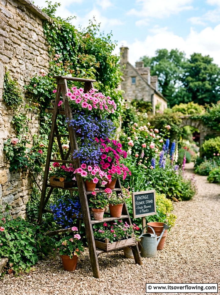 Vintage Flower Stand - 25 upcycled garden ideas with old ladders