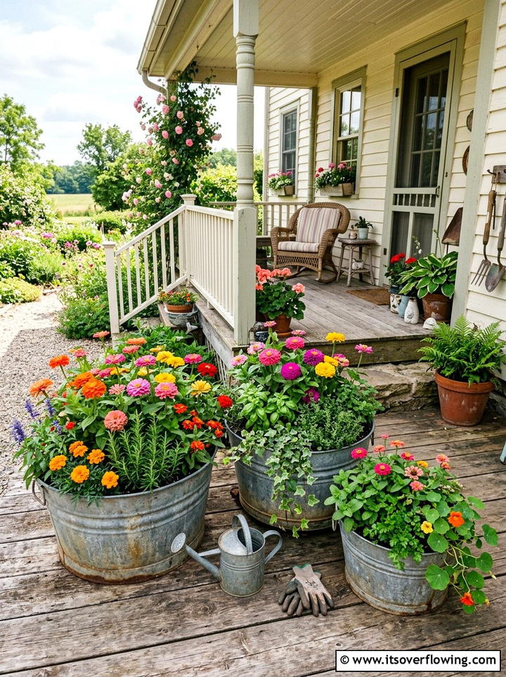 Vintage Galvanized Tub Garden - 25 garden design ideas for farmhouse landscapes