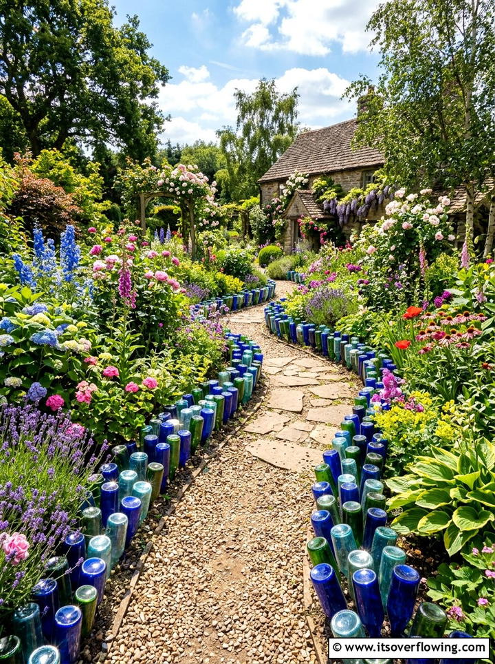 Vintage Glass Bottle Border - 25 upcycled garden ideas with cottage style
