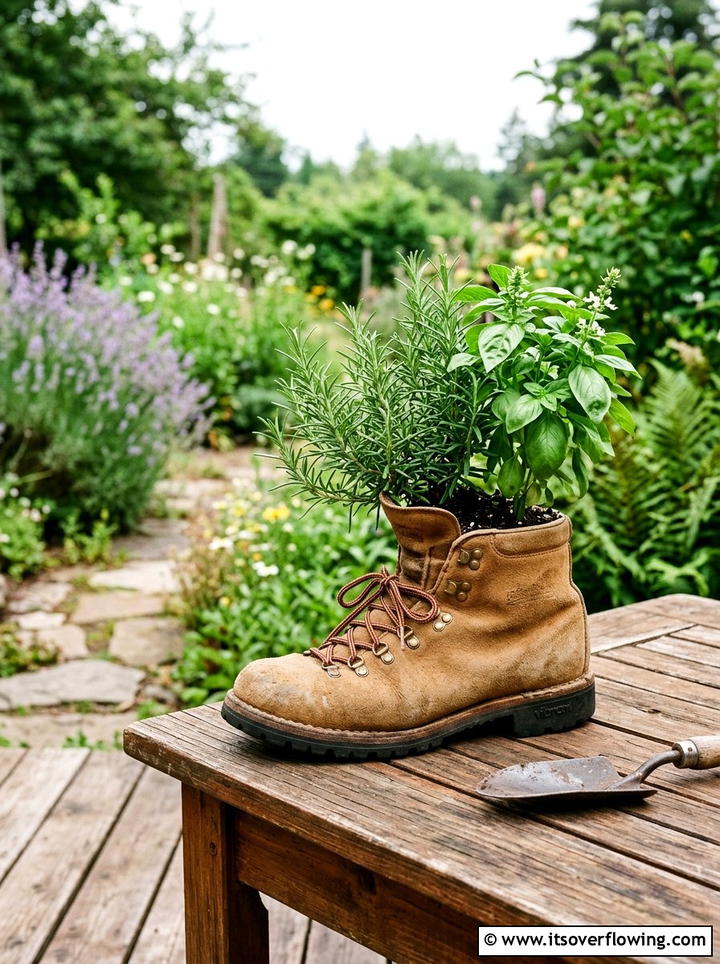 Vintage Hiking Boot Herb Pot - 25 upcycled garden ideas with old boots
