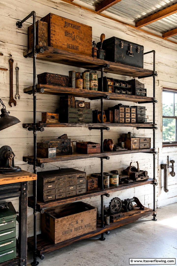 Vintage Industrial Shelves - 30 Shed Shelving Ideas for Optimal Storage Solutions