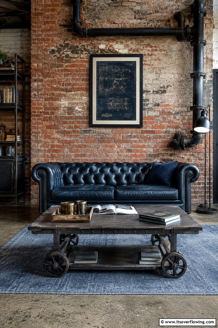 Vintage Industrial in Navy Blue Living - 30 Navy Blue and Grey Living Room Ideas for Sophisticated Style