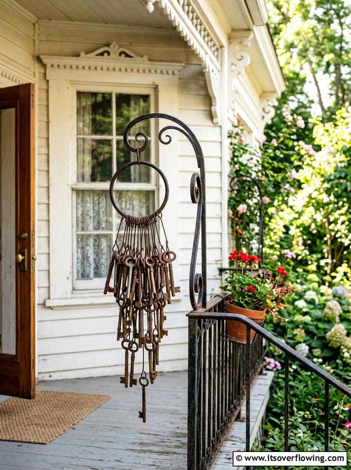 Vintage Key Wind Chimes On Porch Railing - 25 garden decor ideas with wind chimes