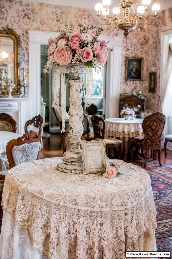 Vintage Lace and Bloom Display - 30 Tall Wedding Centerpiece Ideas for Elegant Table Displays
