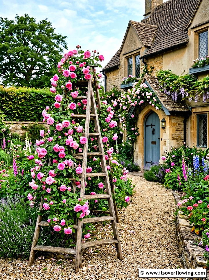 Vintage Ladder Climbing Roses - 25 garden decor ideas with floral ladders