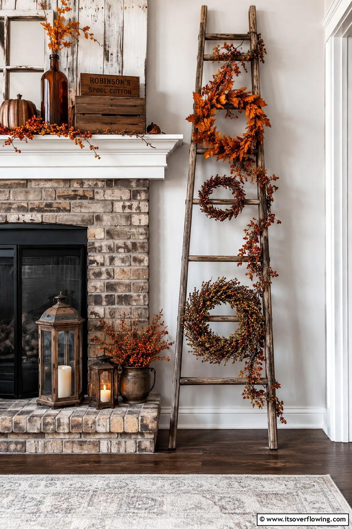 Vintage Ladder Display - 50 Fall Fireplace Decor Ideas to Warm Autumn Gatherings