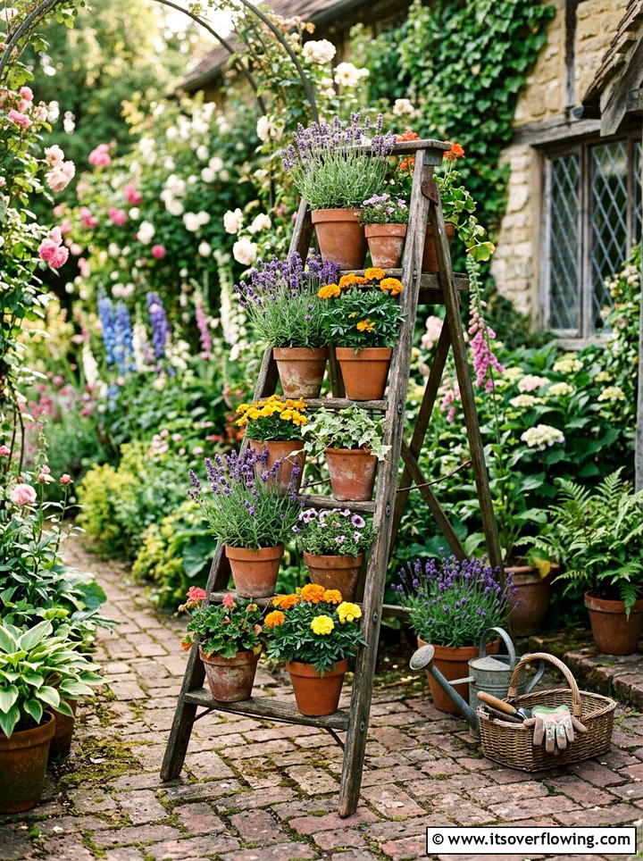Vintage Ladder Plant Stand - 25 upcycled garden ideas