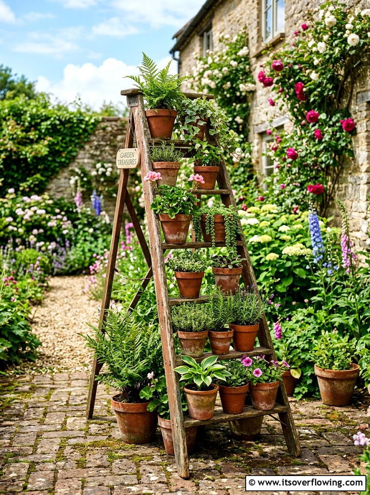 Vintage Ladder Plant Stand - 25 upcycled garden ideas for urban gardens