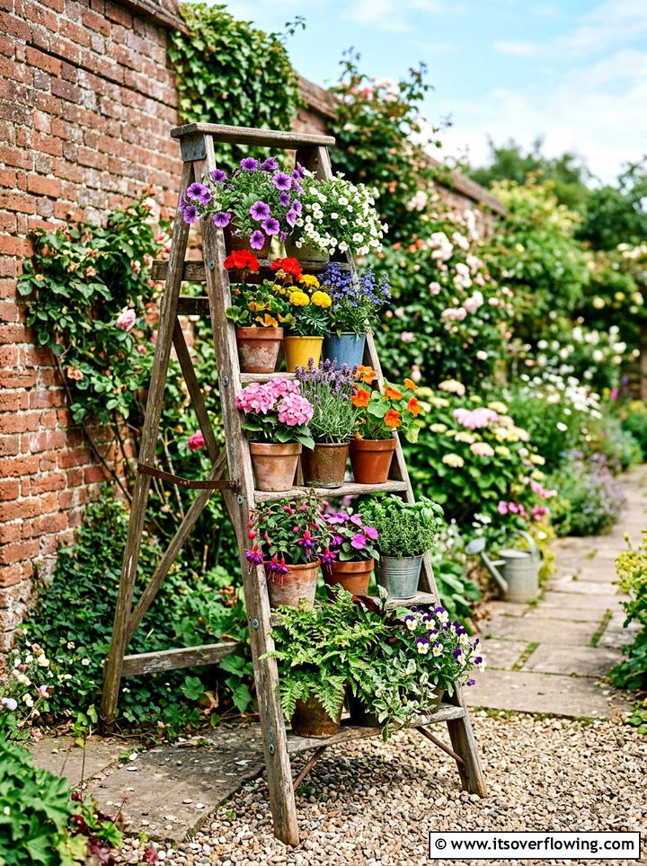 Vintage Ladder Planter - 25 backyard decorating ideas with farmhouse accents
