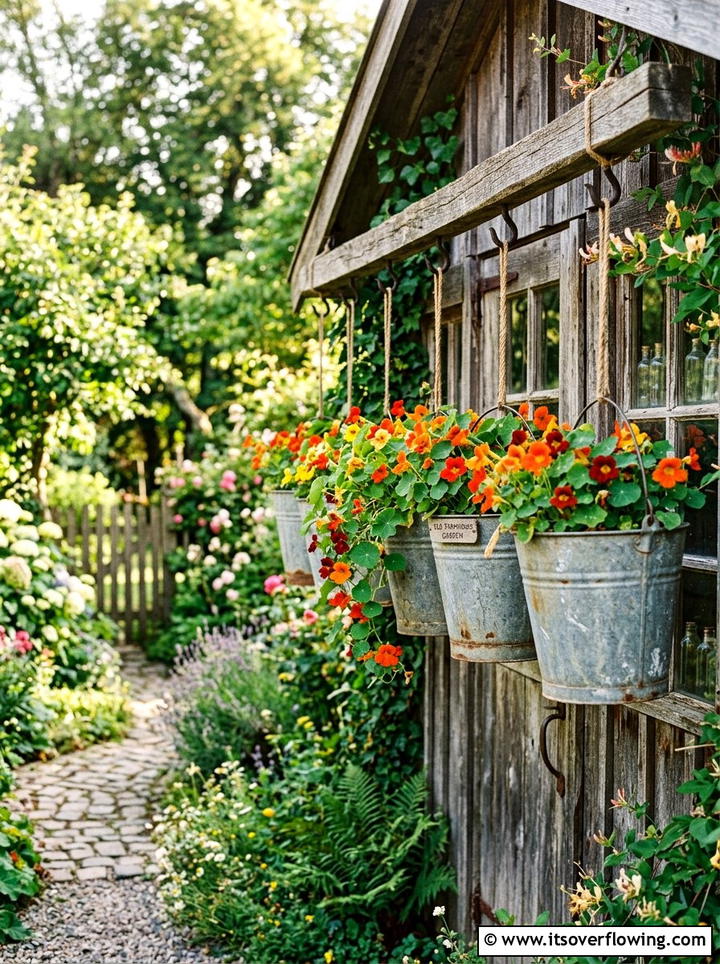 Vintage Metal Bucket Hanging Planters - 25 garden decor ideas with hanging baskets