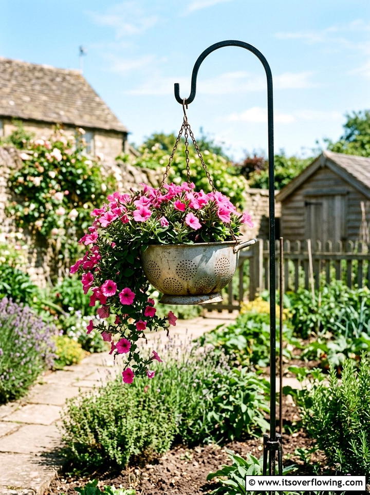 Vintage Metal Colander - 25 reusing old things ideas for rustic garden look
