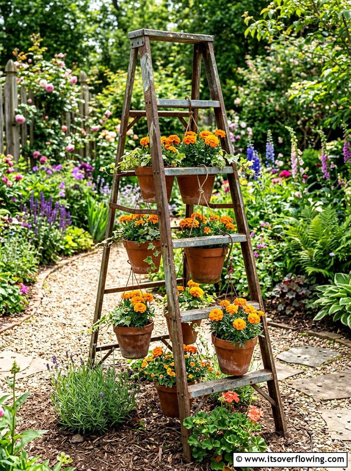 Vintage Metal Ladder Planter - 25 backyard ideas with old ladder planter