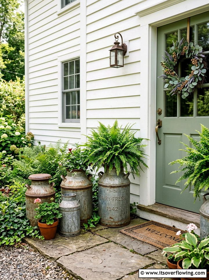Vintage Metal Milk Cans - 25 front porch ideas with antique pieces
