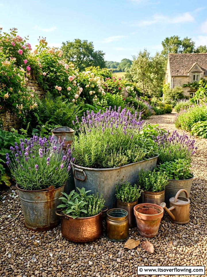 Vintage Metal Planters - 25 garden ideas for maximalist style
