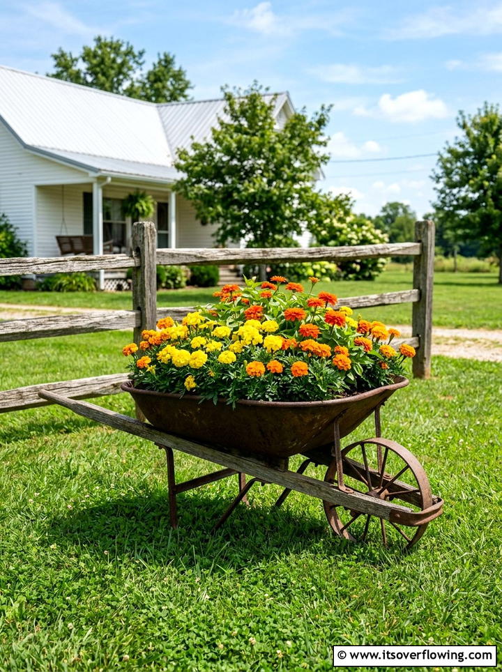 Vintage Metal Wheelbarrow - 25 backyard ideas with wheelbarrow planter