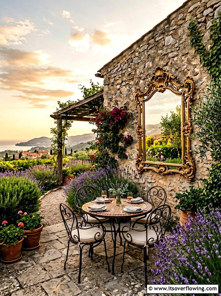 Vintage Ornate Mirror On Stone Wall - 25 garden decor ideas with mirrors