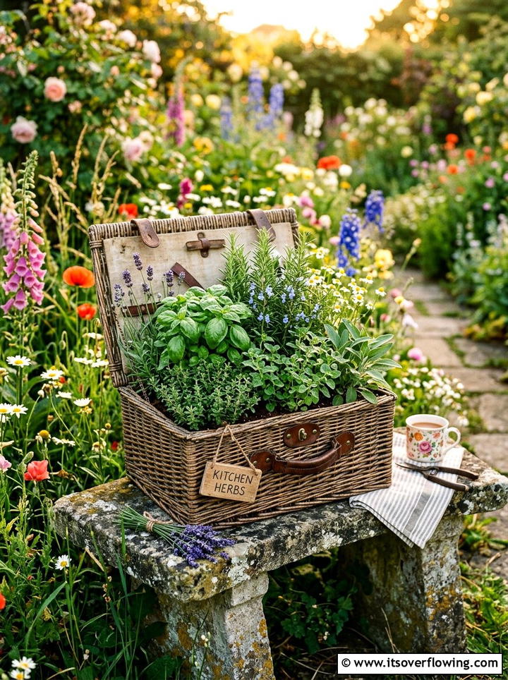Vintage Picnic Basket Garden - 25 recycled garden ideas with baskets