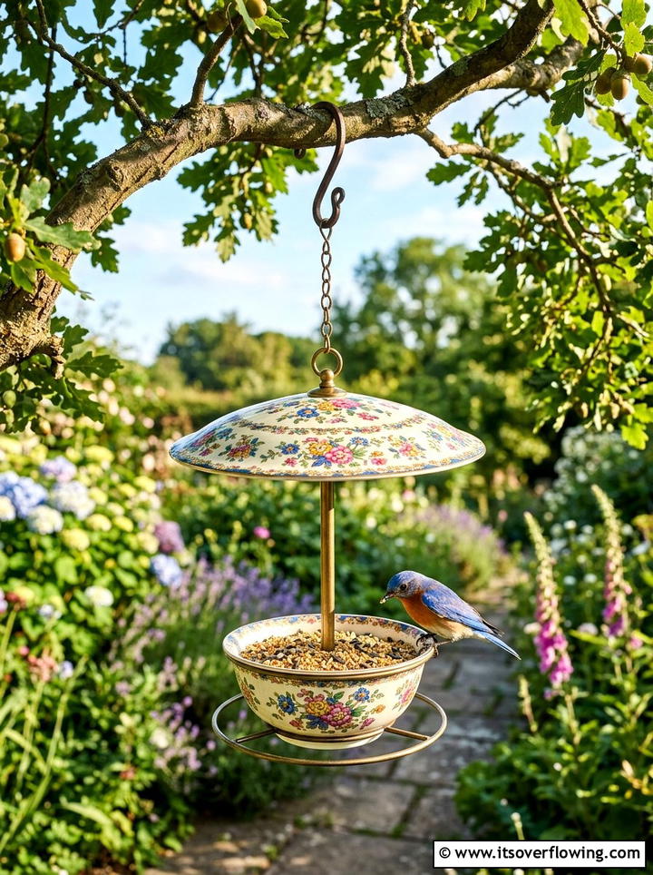 Vintage Plate And Bowl Bird Feeder - 25 upcycled garden ideas with bird feeders