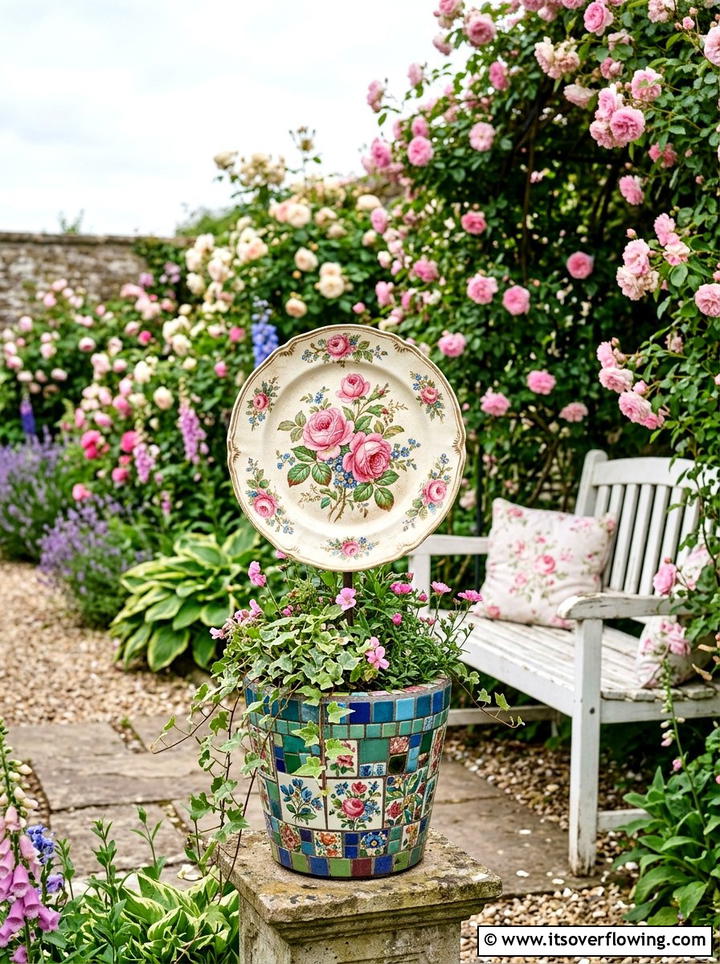 Vintage Plate Garden Display - 25 creative garden ideas with mosaic planters