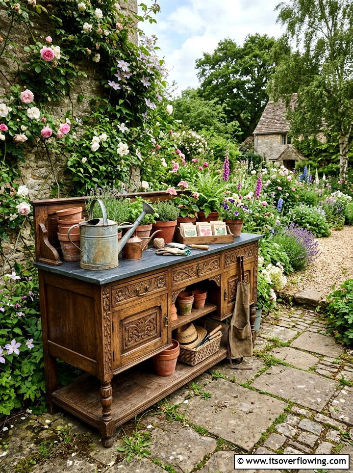 Vintage Potting Station Antique Sideboard - 25 backyard ideas with potting station