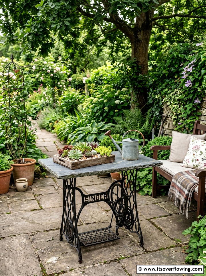 Vintage Sewing Machine Garden Table - 25 recycled garden ideas with recycled metal art