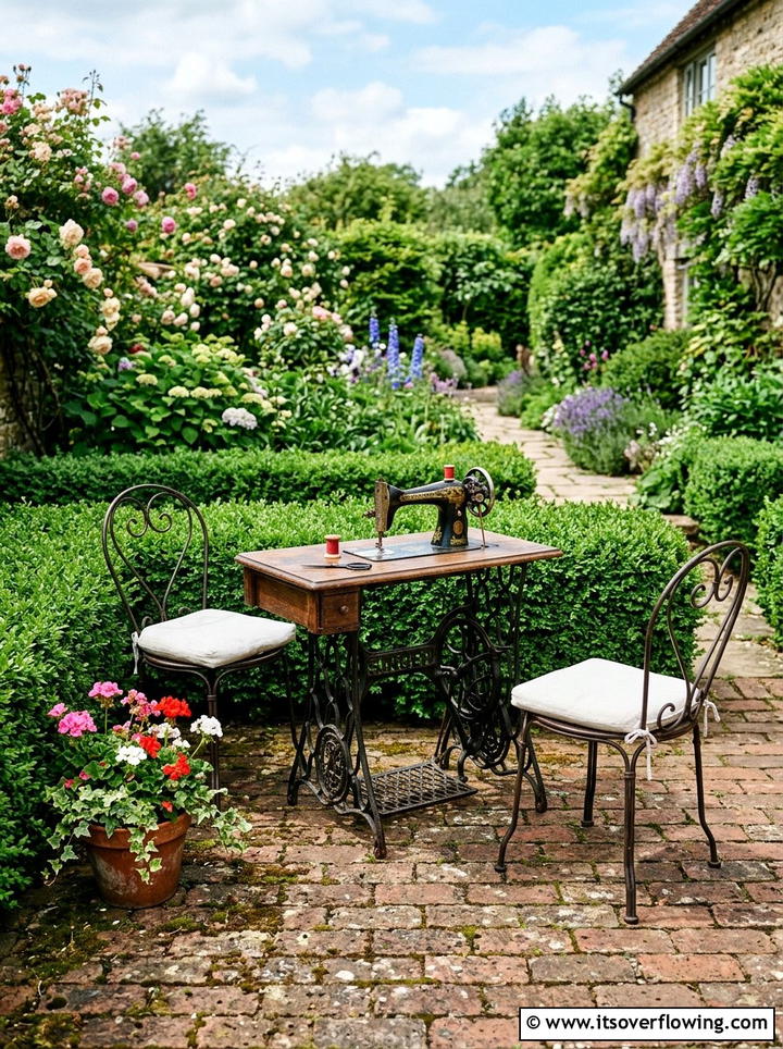 Vintage Sewing Machine Table - 25 upcycled garden ideas with outdoor tables