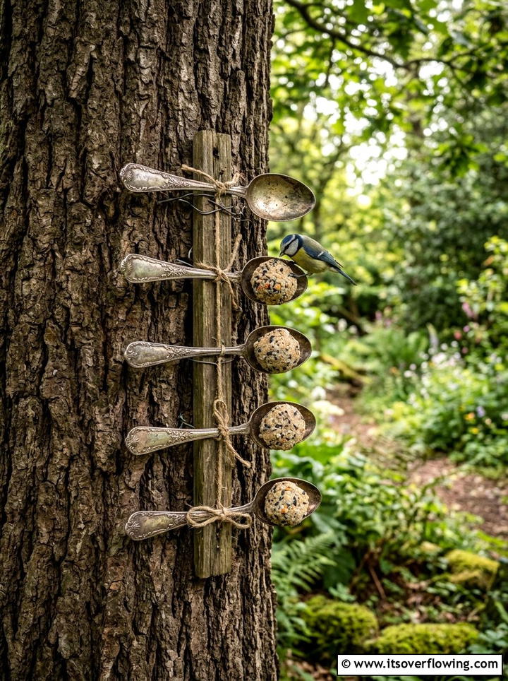 Vintage Silver Spoon Suet Holder - 25 upcycled garden ideas with bird feeders