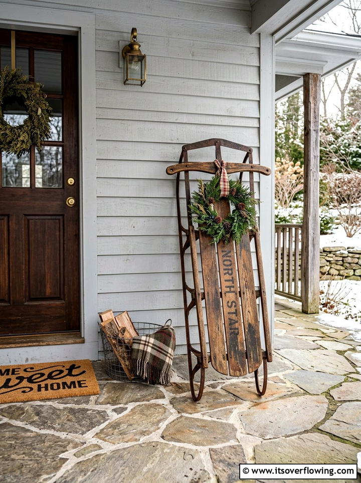 Vintage Sled Corner Accent - 25 front porch ideas with christmas decor