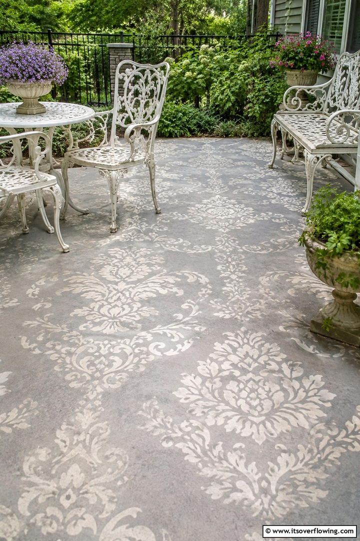 Vintage Stenciling - 30 Painted Concrete Patio Ideas for Colorful Outdoor Floors