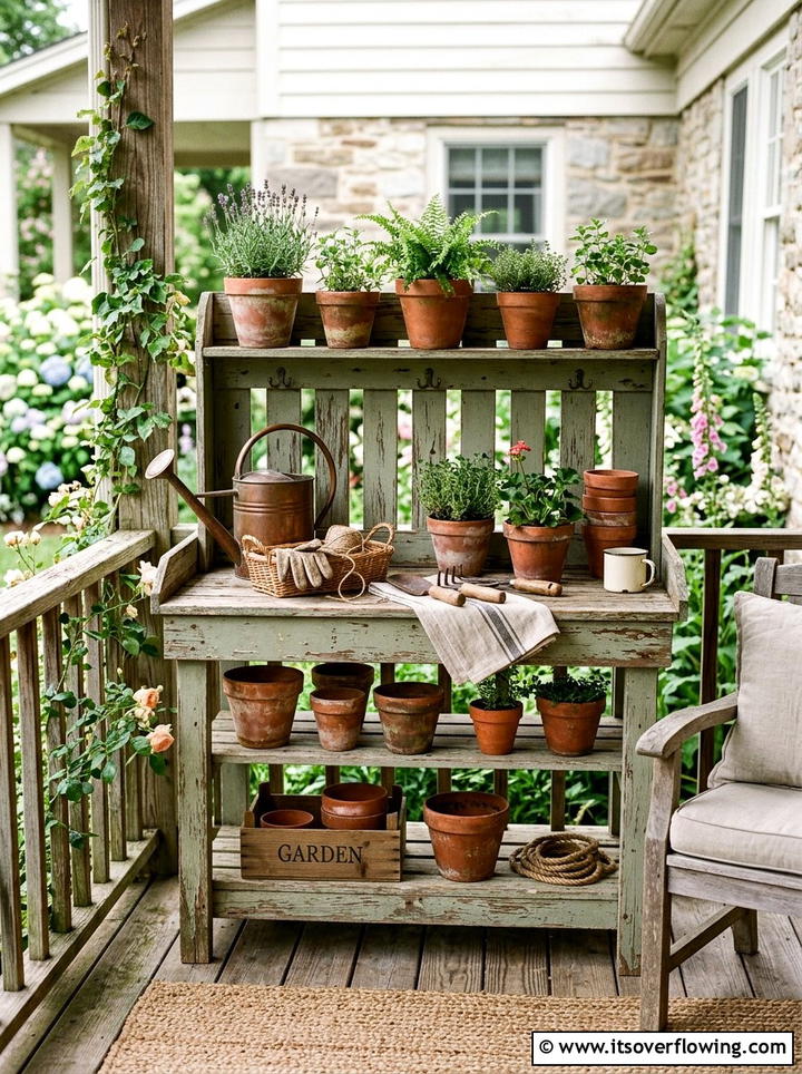 Vintage Style Potting Bench - 25 garden decor ideas with benches