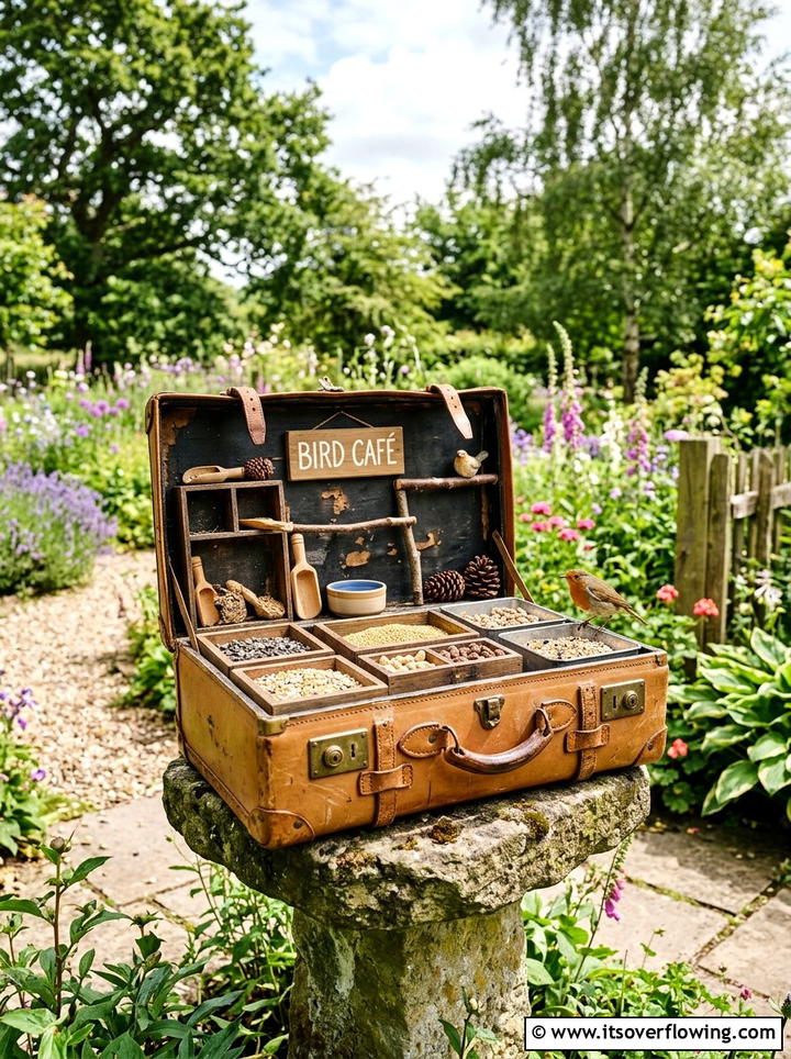 Vintage Suitcase Bird Feeding Station - 25 upcycled garden ideas with bird feeders