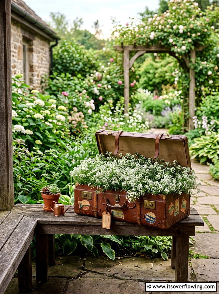 Vintage Suitcase Flower Box - 25 recycled garden ideas for front yard decor