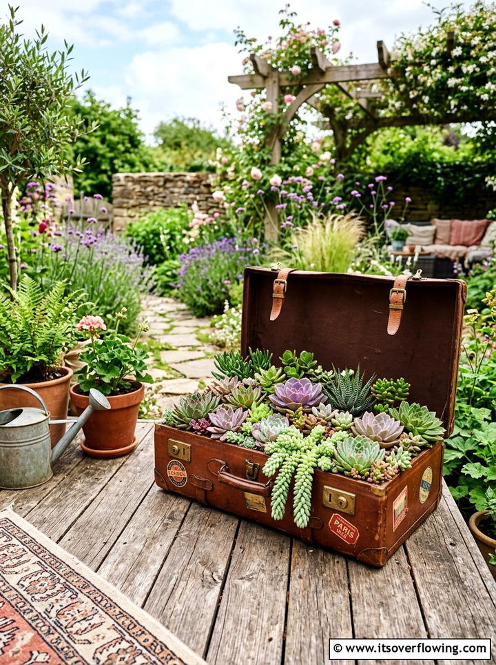 Vintage Suitcase Flower Box - 25 upcycled garden ideas for urban gardens