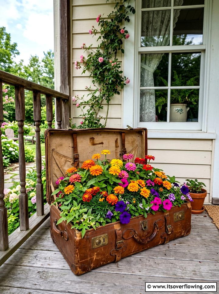 Vintage Suitcase Flower Box - 25 upcycled garden ideas with cottage style