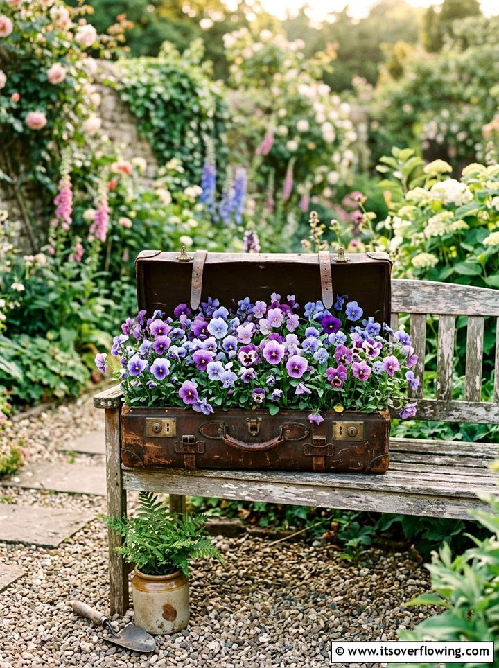 Vintage Suitcase Flower Box - 25 cheap garden ideas with simple planters