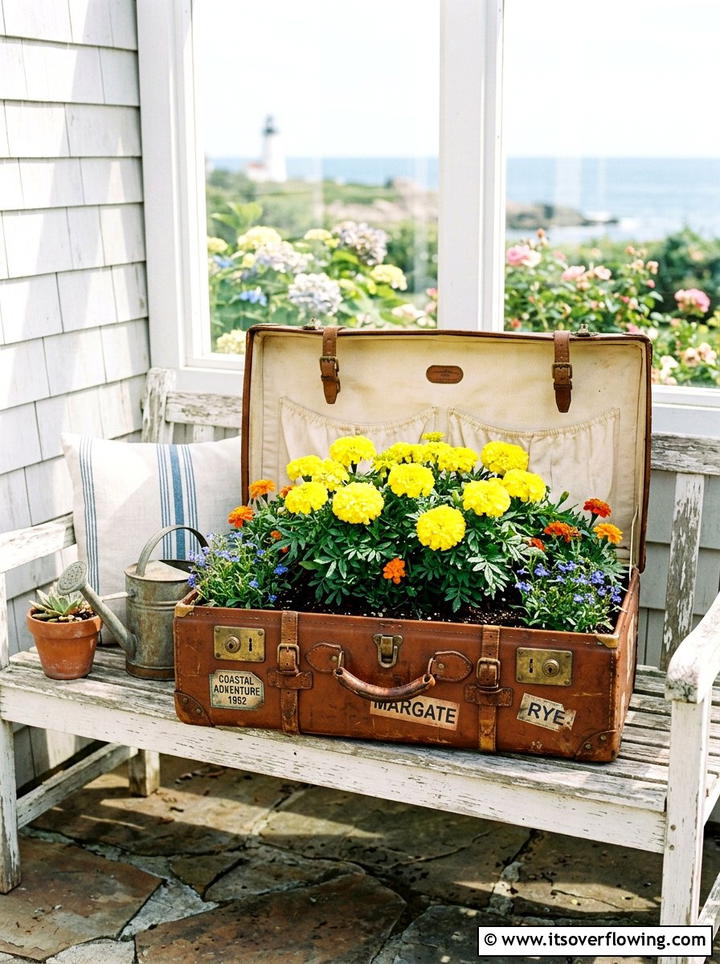 Vintage Suitcase Flower Planter - 25 upcycled garden ideas with coastal style