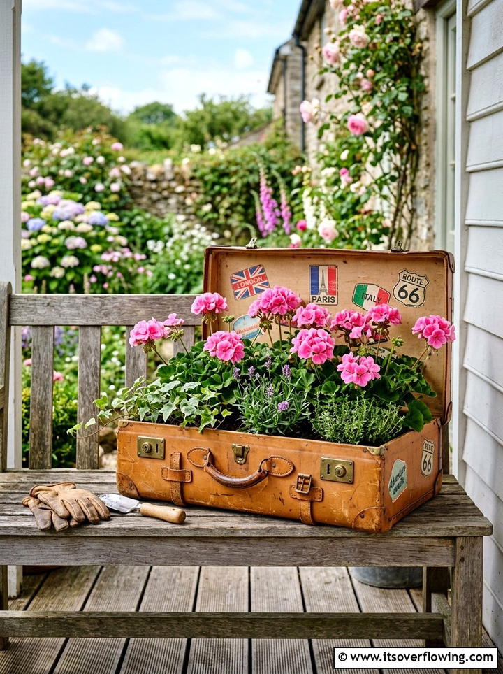 Vintage Suitcase Garden - 25 upcycled garden ideas for front yards
