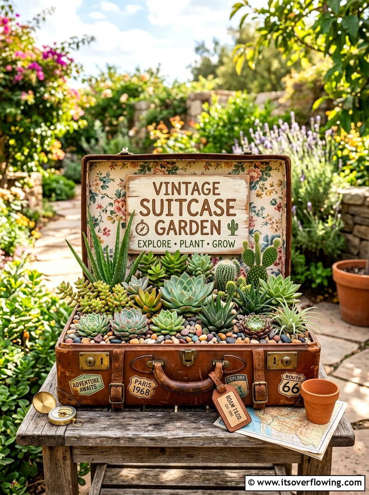Vintage Suitcase Garden - 25 upcycled garden ideas with garden signs