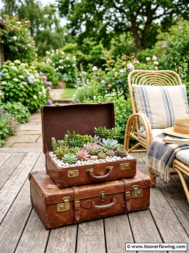 Vintage Suitcase Garden Display - 25 backyard ideas with upcycled decor