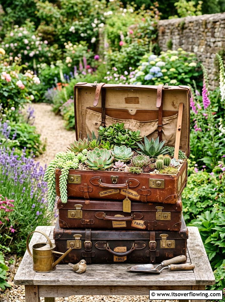 Vintage Suitcase Garden Planter - 25 garden ideas with old furniture
