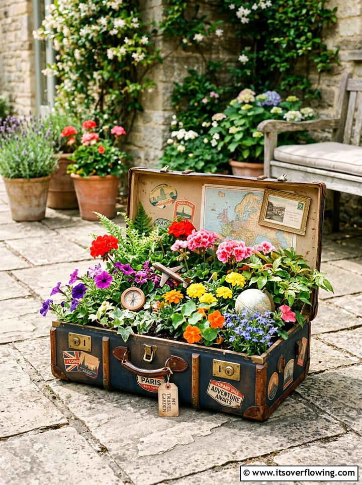 Vintage Suitcase Garden Planter - 25 upcycled garden ideas for small gardens
