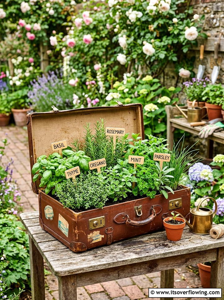Vintage Suitcase Herb Garden - 25 reusing old things ideas for seasonal garden decor