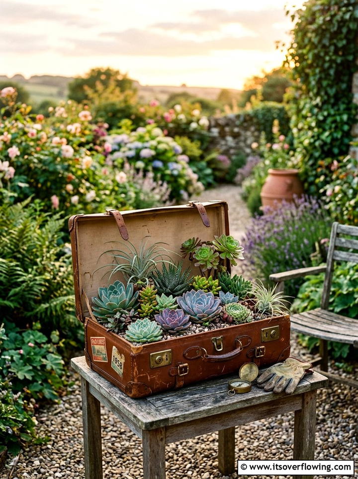 Vintage Suitcase Planter - 25 reusing old things ideas for small garden
