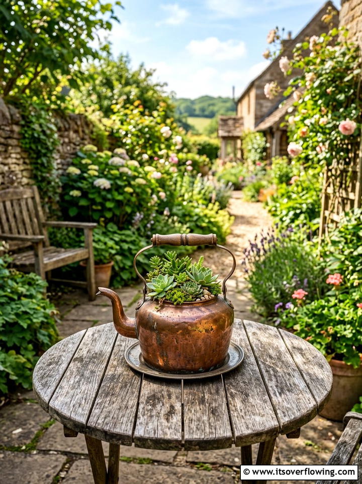 Vintage Tea Kettle Planter - 25 reusing old things ideas for farmhouse garden look