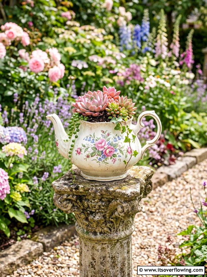 Vintage Tea Pot Planter - 25 upcycled garden ideas for small gardens