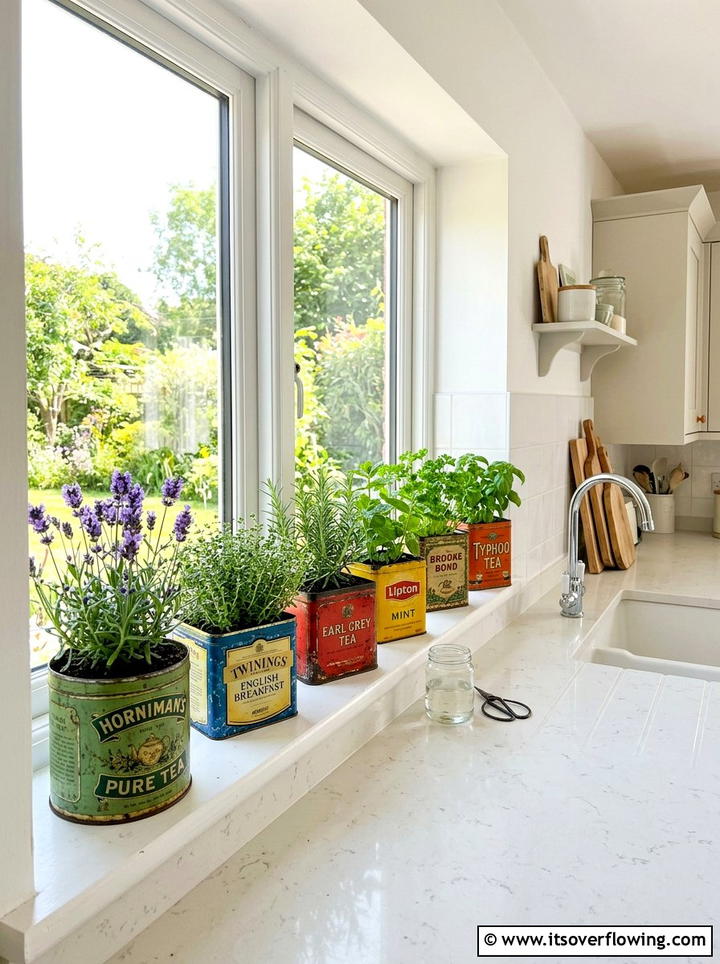 Vintage Tea Tin Herb Garden - 25 reusing old things ideas for herb garden