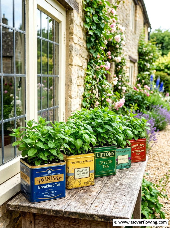 Vintage Tea Tin Herb Garden - 25 upcycled garden ideas for front yards